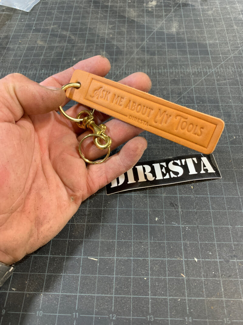 DIRESTA “ASK ME ABOUT MY TOOLS” LEATHER KEY CHAIN WITH STICKER