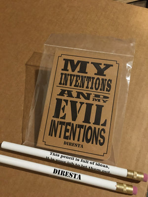 “MY INVENTIONS AND EVIL INTENTIONS” DIRESTA LETTERPRESS NOTEPAD PLUS 2 PENCILS