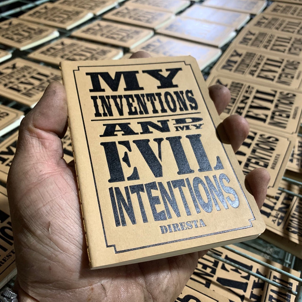 “MY INVENTIONS AND EVIL INTENTIONS” DIRESTA LETTERPRESS NOTEPAD PLUS 2 PENCILS